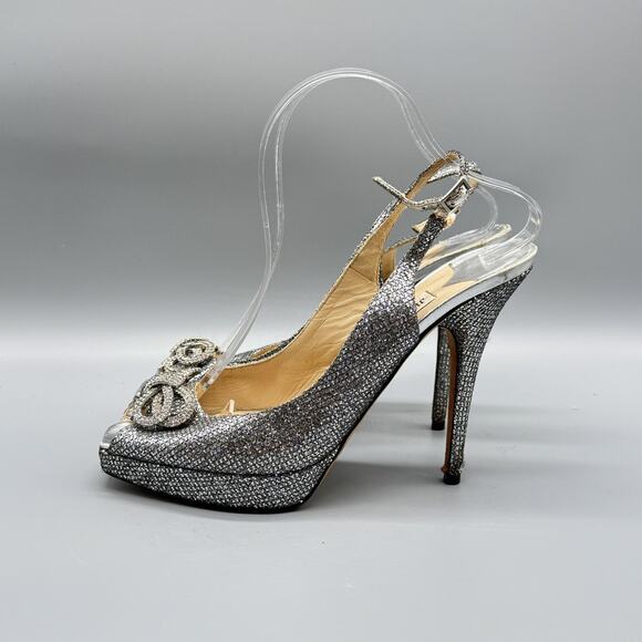 Jimmy Choo Shoes Womens 9.5 Silver Peep Toe Slingback Glitter Crystal Bow Heels - Picture 5 of 13
